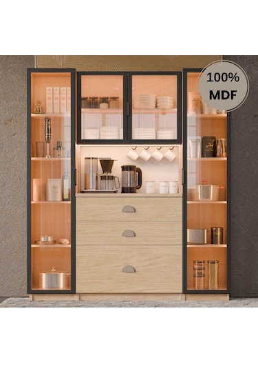 Ladin Mdf Kahve Köşesi Dolabı 4 Kapak Çekmeceli Işıklı Bej
