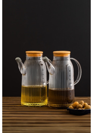 Porsima 2091 Bambu Kapaklı Vakumlu Ölçekli Borosilikat Cam 2li Yağdanlık Yağlık Sirkelik Seti 1000ml Şeffaf