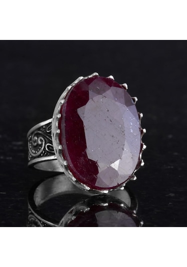 Gerçek Doğal Taş Yüzüğü - 925 Ayar Gümüş Büyük Yüzük - El Yapımı Yüzük Yakut Gümüş