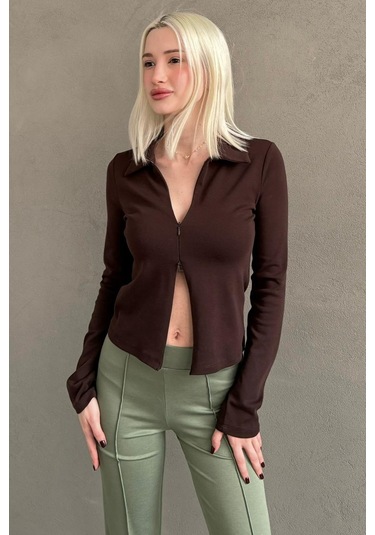 Kahverengi Polo Yaka Çift Fermuarlı Slim Fit Kadın Body Mg2652 Kahverengi