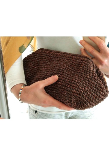 Parlak Tutmalı El Çantaları , El Yapımı Işıltılı Clutch, Örgü El Çantası Kahverengi