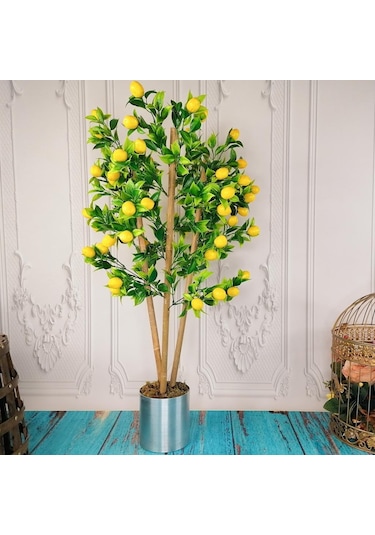 Yapay Ağaç Limon Ağacı Gür Yapraklı 80Cm Bambu Dalında Gümüş Pasl