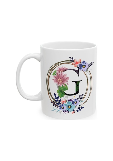 G Harf Baskılı Hediyelik Baskılı Porselen Beyaz Lüks Kupa Bardak Beyaz