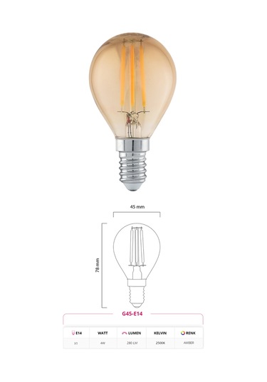 E14 G45 Rustik Led Ampul 4w Duy 2700k Amber Cam Dekoratif Vintage