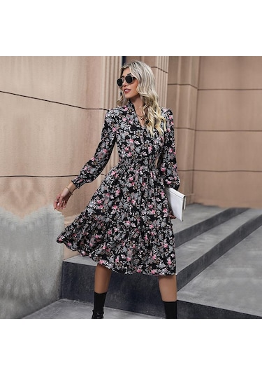 Bahar Kadın Elbise Mizaç Zarif Baskılı Uzun Kollu Çiçekli Elbise Açık Mavi