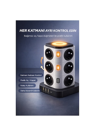 12 Li Kule Tipi Çoklu Priz 3 Usb 1 Type-c Gece Lambalı 3680w Bağımsız Anahtarlı 1 - 3 M