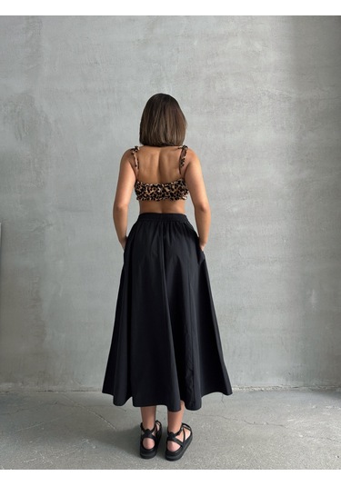 Kadın Beli Lastikli Dokuma Kloş Etek Siyah
