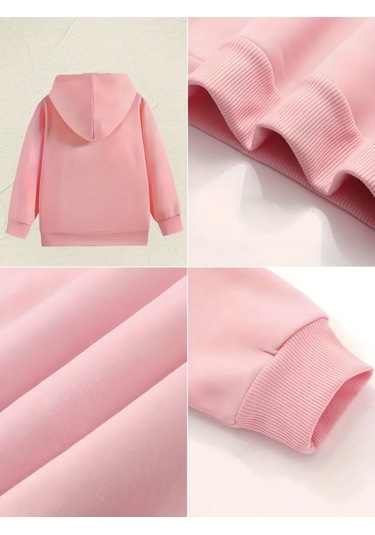 Kışlık Kapüşonlu Sweatshirt, Çocuk Papatya Kelebek Baskılı Pembe