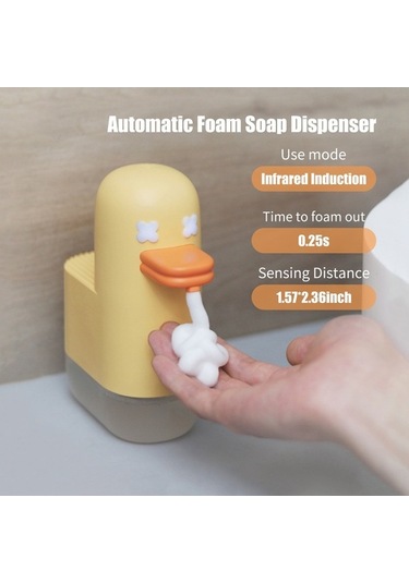 Pazly 350 Ml Sevimli Ördek Otomatik Köpük Sabunluk Fotoselli, Sarı Renk Sarı