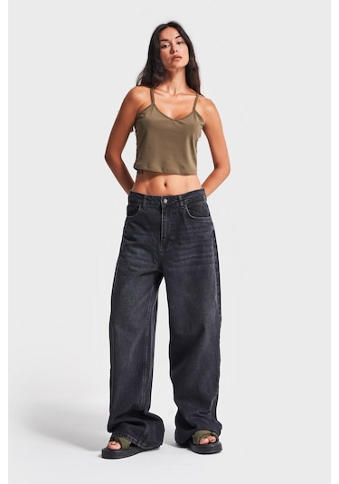 Itsbasic Kadın Koyu Füme Renk 2w41 Super Baggy Fit %100 Koton Denim Jean