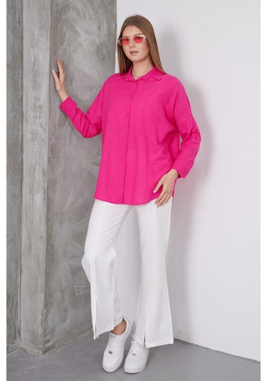 Paw Garage Kadın London Keten Tek Cepli Oversize Gömlek, Premium Kalite Keten Gömlek Fuşya