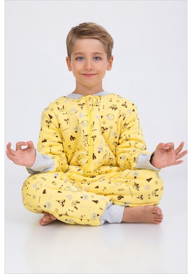 Kız Erkek Çocuk Kalın Elyaf Dolgulu Premium Kalite 2.5 Tog Desenli Uyku Tulumu Sarı - Kahverengi