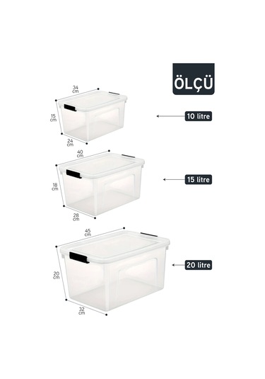 İronika 3'lü Saklama Kabı Yatay Dikdörtgen Kilitli Kapaklı Çok Amaçlı Oyuncak Saklama Kutusu 10-15-20 Litre Şeffaf