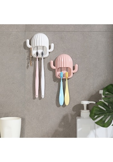 Pazly Yapışkan Kaktüs Delmesiz Çok Amaçlı Diş Fırçası Organizatörü - Elektrikli, Takı, Saç Bandı Beyaz, Ergonomik Tasarım Beyaz