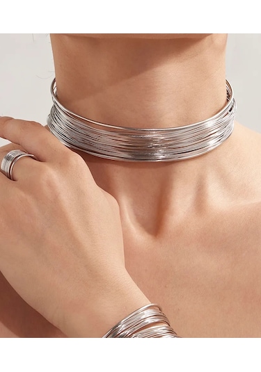 Caş Dekorasyon Gümüş Renkli Metal Choker Kolye Gümüş