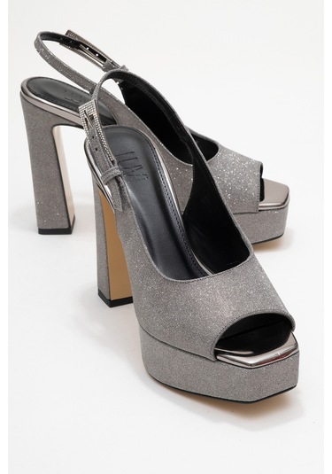 Glora Platin Simli Kadın Platform Topuklu Abiye Ayakkabı Platin