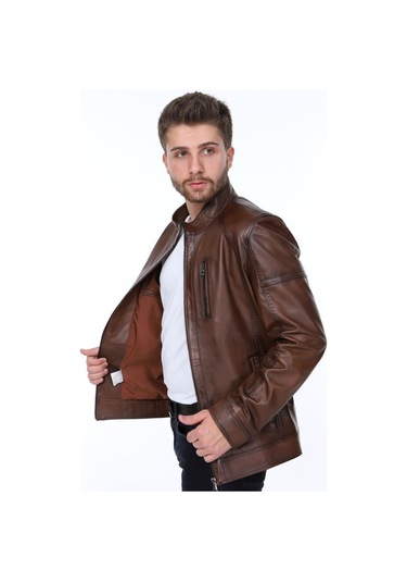Hakiki Kuzu Derisi Kahverengi Dik Yaka Bern Erkek Deri Ceket Kahverengi