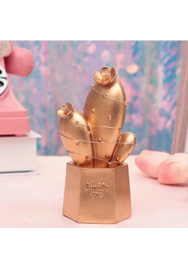 Led Işıklı Sevimli Kaktüs Dekoratif Masa Lambası Mini Biblo Gece Lambası Gold 5365 Çok Renkli