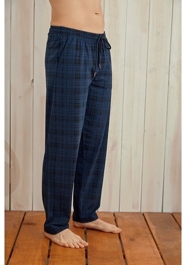 Ince Tek Alt Çok Rahat Ekoseli Pamuk Pijama İndigo