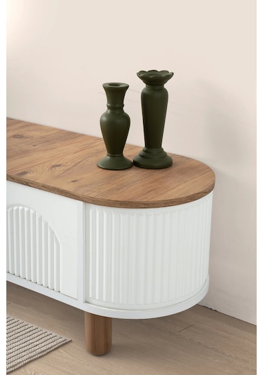 Tv Sehpası 4 Kapaklı Beyaz-meşe 180cm Kurulu Gönderilir Beyaz