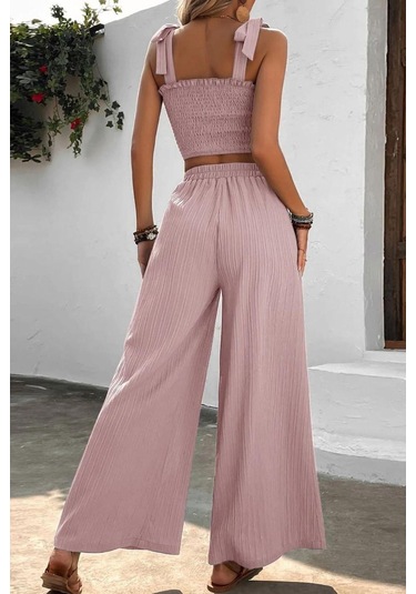 Üstü Gipeli Crop Beli Lastikli Bol Pantolon İkili Alt Üst Takım Pudra Pudra