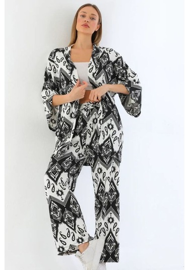 Kadın Siyah Şal Desenli Bol Paça Palazzo Alt Üst Kimono Takım