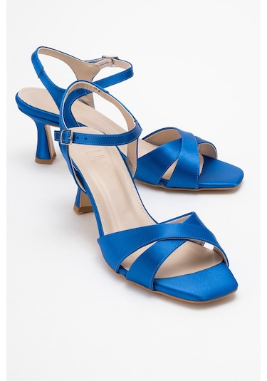 Melin Sax Mavi Saten Çapraz Bantlı Kadın Topuklu Ayakkabı Saks Mavi