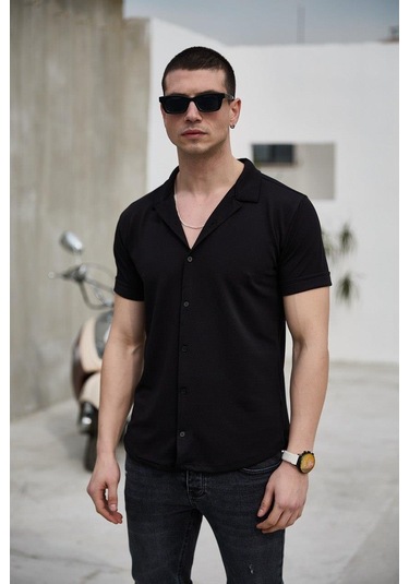 Siyah Renk Dokulu Kısa Kol Erkek Gömlek-1582 Siyah
