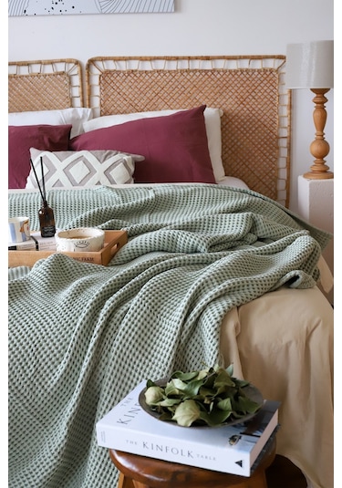 Vivamaison Çift Kişilik Waffle Pike Yatak Örtüsü Pamuklu Adaçayı Yeşil