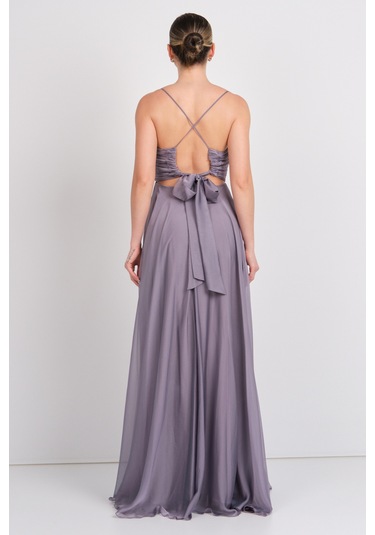 Doridorca Kadın Sırt Dekolteli Fiyonklu Drapeli V Yaka Abiye Elbise 6128 Vizon Vizon