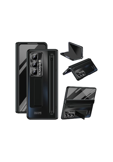Samsung Galaxy Uyumlu Z Fold7 5g Kılıf Destekli Menteşeli Pc Telefon Kılıfı Temperli Cam Filmi Ve Kalem - Siyah Siyah