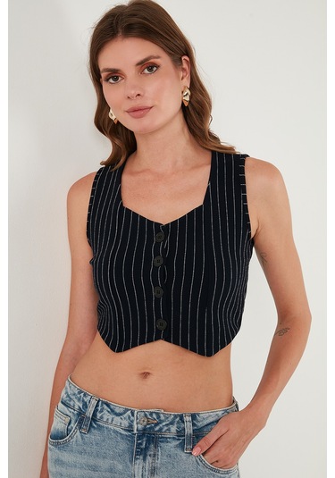 Lela Slim Fit Kalp Yaka Düğmeli Kalın Askılı Crop Bayan Yelek 5865497 Lacivert Çizgili