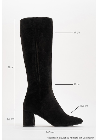 Sejas Siyah Hakiki Deri Süet Kadın Topuklu Çizme Siyah Süet