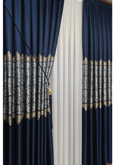 Takım Fon Perde Lacivert-gümüş 2 Kanat Fon+aksesuar Lacivert