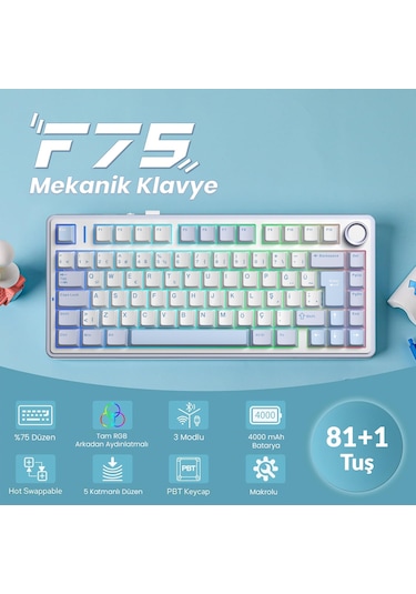 Aula F75 Mekanik Rgb Tkl Graywood V4 Switch Kablosuz Makrolu Hot Swap Türkçe Q Klavye Buz Mavisi