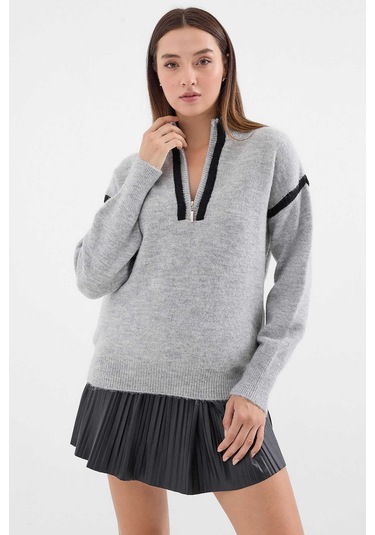 Gabria Fermuarlı Şeritli Kazak Gri