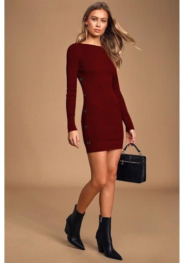 Kadın Geniş Yaka Uzun Kol Yandan Düğme Detaylı Bordo Triko Elbise Bordo