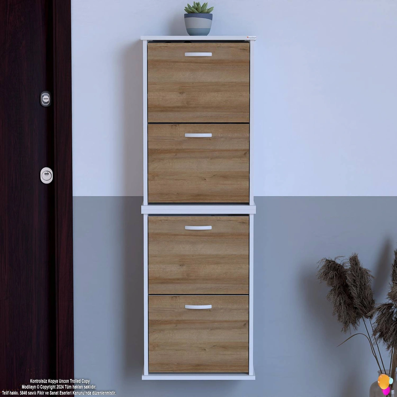 Asaf 2 Li Meşe Renk Asma Ayakkabılık Antre 4 Düşer Kapak 8 Göz Bölme Ayakkabılık 52x148x25,5 Cm Meşe