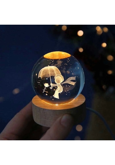 Dekoratif Küçük Prens Tasarımlı Ahşap Altlıklı Işıklı Cam Küre Büyük Boy Cam:8cm Ahşap:2cm Çok Renkli