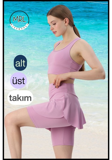 Kadın Takım Alt - Üst Biker Şort Diz Üstü &crop Bra Ped Destekli Denizde Havuzda Sporda Llia Lila