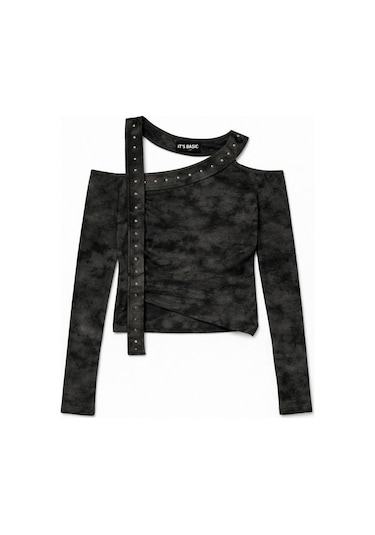 Itsbasic Kadın Siyah Antrasit W5 Asimetrik Kesim Özel Kumaş Tasarım Crop Top