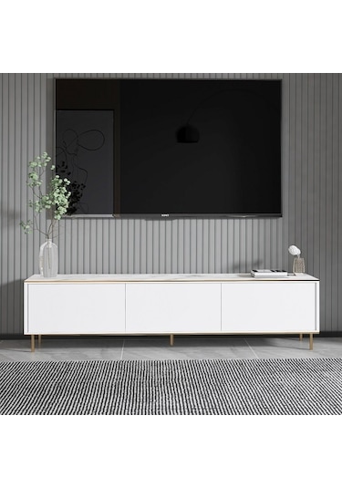 Tv Sehpası Kozan Beyaz Mermer Desen Gold 180 Cm