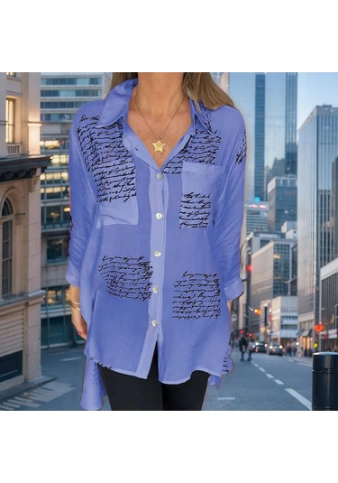 Kadın Yaz Baskılı Gevşek Günlük Smokin Gömlek Mor Mavi