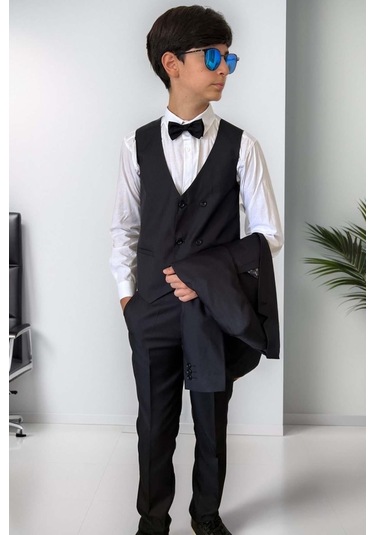 Riccotarz Erkek Çocuk Blazer Ceketli, Cepken Yelekli Siyah Takım Elbise 10-16 Yaş Siyah