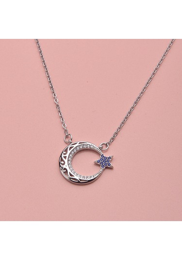 Mavi Zirkon Taşlı Ay Yıldız Kadın Kolye Çelik Takı Aksesuar Gri