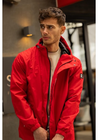 Yeast İçi Astarlı Suya Dayanıklı Kapşonlu Fermuarlı Yağmurluk - Kırmızı Kırmızı