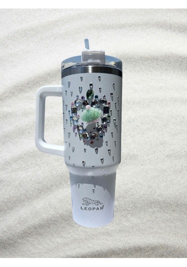 Pipetli 1,2 Litre Kulplu Çelik Termos Renkli Üzeri Taş İşlemeli - Beyaz Beyaz