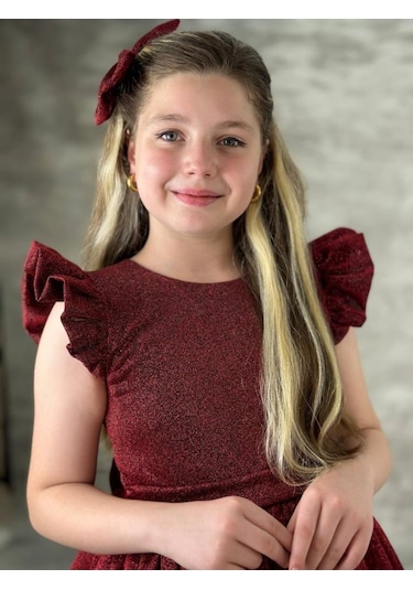 Riccotarz Kız Çocuk Omzu Fırfırlı Parıldayan Bordo Elbise 001