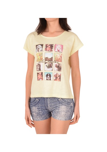 Kadın Şortlu Pijama Takımı Kısa Kollu Kot Baskı Pamuk Likralı SAR Sarı