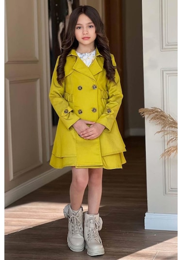 Riccotarz Kız Çocuk Çiçek Desenli Piliseli Sarı Trençkotlu Elbise 001